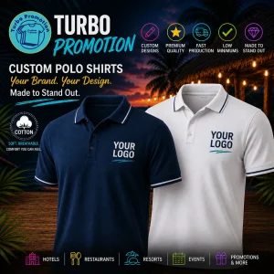 Custom navy logo polo shirt worn by a resort employee assisting guests beside a tropical hotel swimming pool, showcasing premium branded hospitality uniforms by Turbo Promotion Thailand