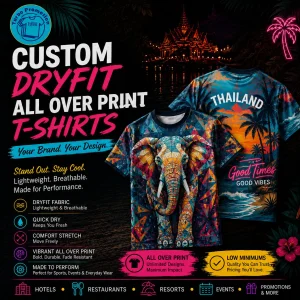 Custom DryFit all-over print T-shirts in Thailand featuring colourful elephant and tropical designs for businesses, teams, resorts and events.