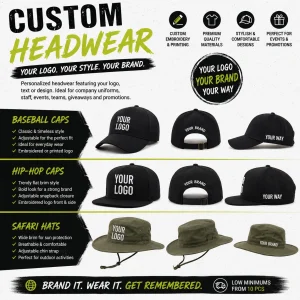 Custom embroidered and printed baseball caps, snapback caps and safari hats for uniforms, events and promotions in Thailand.