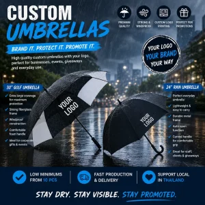 Custom branded golf and rain umbrellas with logo printing, displayed in Custom Bar Mat – Your Logo, Your Designa rainy city scene by Turbo Promotion Thailand.