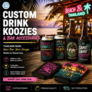 Custom printed koozies with company logo for events, hotels, restaurants and promotions in Thailand