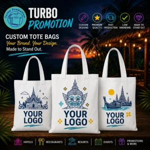 Promotional lifestyle image showcasing branded reusable custom tote bags for hotels, resorts, restaurants, retail businesses, events, and corporate giveaways in Thailand.