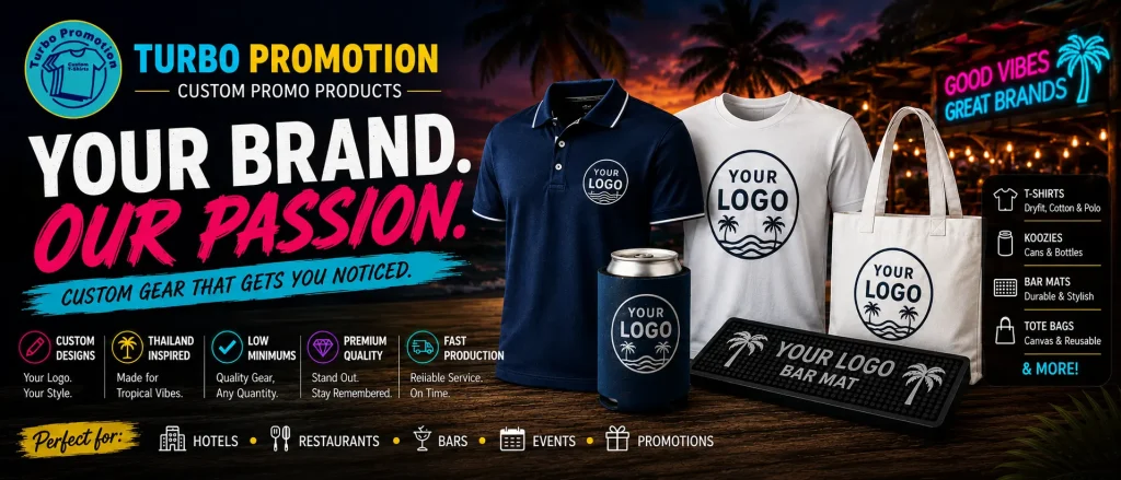 Turbo Promotion custom branded T-shirts, polo shirts, tote bags, koozies and bar mats for bars,hotels, restaurants, events and promotions in Thailand.